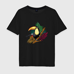 Футболка оверсайз мужская Птица Тукан на тропической ветке, цвет: черный