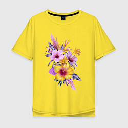 Мужская футболка оверсайз Цветы Разноцветные Гибискусы
