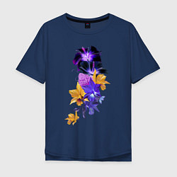 Мужская футболка оверсайз Цветы Фиолетовые и Оранжевые Гибискусы и Ирисы