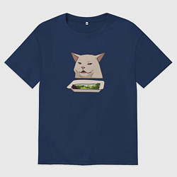 Футболка оверсайз мужская Кот с салатом из мема, цвет: тёмно-синий
