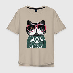 Мужская футболка оверсайз Умный кот в очках в новогоднем свитере
