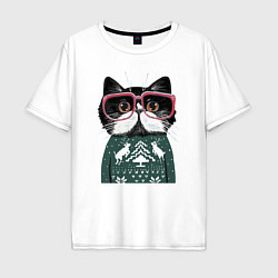Мужская футболка оверсайз Умный кот в очках в новогоднем свитере