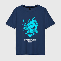 Футболка оверсайз мужская Символ Cyberpunk 2077 в неоновых цветах, цвет: тёмно-синий