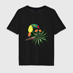 Футболка оверсайз мужская Птица тукан с цветами и листьями, цвет: черный