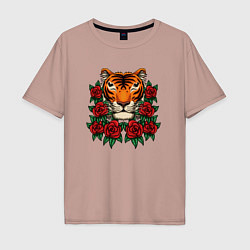 Мужская футболка оверсайз Тигр в розах