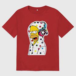 Футболка оверсайз мужская Гомер Симпсон в звёздном балахоне и в наушниках, цвет: красный