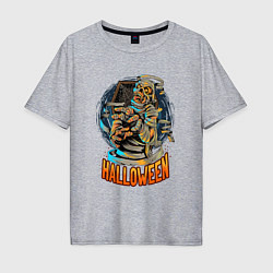 Мужская футболка оверсайз Хэллоуин - мумия на фоне гроба