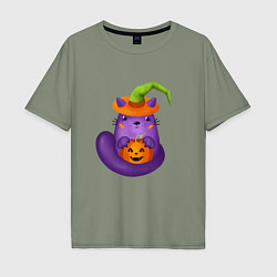 Футболка оверсайз мужская Смешной кот в ведьмовской шляпе с тыквой Джек, Хэл, цвет: авокадо