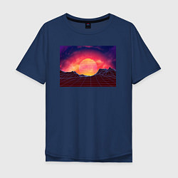 Футболка оверсайз мужская 3D неоновые горы на закате, цвет: тёмно-синий