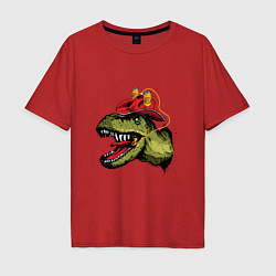 Футболка оверсайз мужская Динозавр в пивной шляпе, цвет: красный