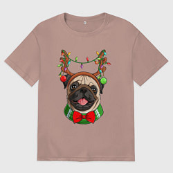 Футболка оверсайз мужская Новогодний мопс, цвет: пыльно-розовый