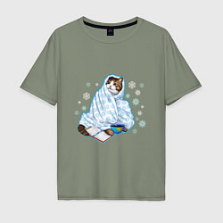 Мужская футболка оверсайз Зимний кот в одеялке с книгой