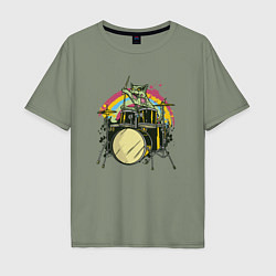 Футболка оверсайз мужская Зомби кот барабанщик, цвет: авокадо