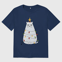 Футболка оверсайз мужская Кот-ёлка, цвет: тёмно-синий