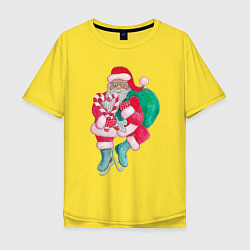 Футболка оверсайз мужская Санта Клаус с мешком подарков на коньках, цвет: желтый