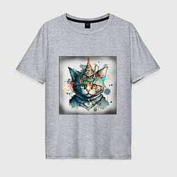 Мужская футболка оверсайз Абстрактный акварельный кот с колпаком и брызгами