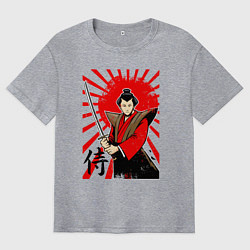 Мужская футболка оверсайз Самурай с мечом на фоне флага