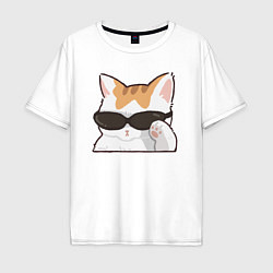 Мужская футболка оверсайз Бело-рыжий котик в очках