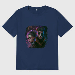 Футболка оверсайз мужская Девушка и парень в стиле киберпанк, цвет: тёмно-синий
