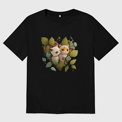 Футболка оверсайз мужская Котята в листьях и сердце из аниме, цвет: черный
