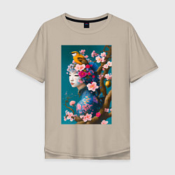 Мужская футболка оверсайз Девушка с птицей на фоне цветущей сакуры