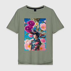 Мужская футболка оверсайз Японская девушка с птицами - нейросеть