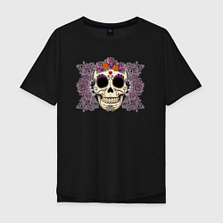 Мужская футболка оверсайз Мексиканский череп и фиолетовый розы