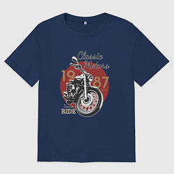 Футболка оверсайз мужская Мотоцикл Ретро принт 1, цвет: тёмно-синий