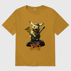 Футболка оверсайз мужская Пикачу рокер с гитарой, цвет: горчичный