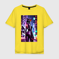 Футболка оверсайз мужская Девушка-кошка в ночном городе - киберпанк, цвет: желтый