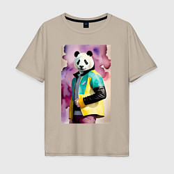 Мужская футболка оверсайз Панда в модной куртке - акварель