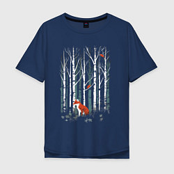 Футболка оверсайз мужская Рыжая лиса в березовом лесу, цвет: тёмно-синий