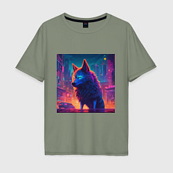 Мужская футболка оверсайз Волк в неоновом киберпанк-городе