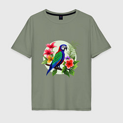 Мужская футболка оверсайз Попугай среди цветов