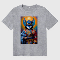 Мужская футболка оверсайз Кот-самурай - нейросеть