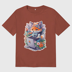 Футболка оверсайз мужская Лиса геймер за компьютером, цвет: кирпичный