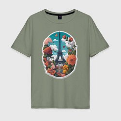 Футболка оверсайз мужская Эйфелева башня в цветах, цвет: авокадо