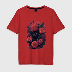 Мужская футболка оверсайз Черный кот в цветах