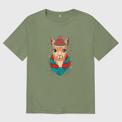 Футболка оверсайз мужская Лама в вязаной шапке, цвет: авокадо