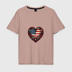 Футболка оверсайз мужская Сердце с цветами флаг США, цвет: пыльно-розовый