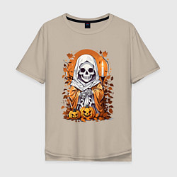Футболка оверсайз мужская Череп скелет хэллоуин, цвет: миндальный