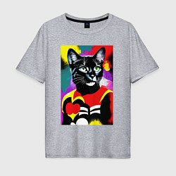 Футболка оверсайз мужская Черная кошка с сердцем: поп-арт - нейросеть, цвет: меланж