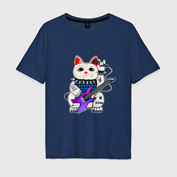 Мужская футболка оверсайз Рок кот нэко с микрофоном и гитарой