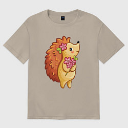 Футболка оверсайз мужская Ёжик с цветами, цвет: миндальный