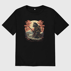 Футболка оверсайз мужская Японский самурайский кот, цвет: черный