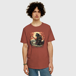 Футболка оверсайз мужская Японский самурайский кот, цвет: кирпичный — фото 2