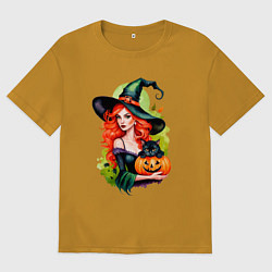 Футболка оверсайз мужская Рыжая ведьма с тыквой и черным котом, цвет: горчичный