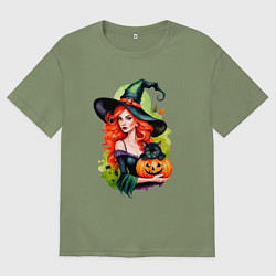 Мужская футболка оверсайз Рыжая ведьма с тыквой и черным котом