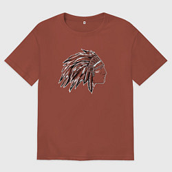 Мужская футболка оверсайз Профиль индеец с перьями рисунок