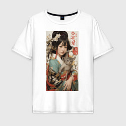Мужская футболка оверсайз Японская девочка в кимоно с котенком